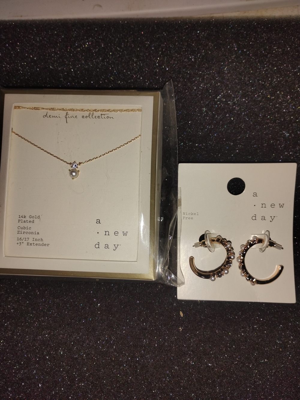 a new day Gold-Plated Pearl Pendant Necklace and Crystal Hoop Earrings Set